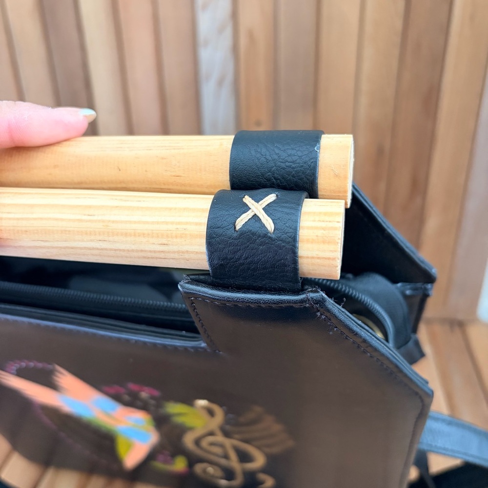 Hand painted Black Leather Hummingbird Music Tote Wood Handles Artisan Crossbody - Picture 11 of 12